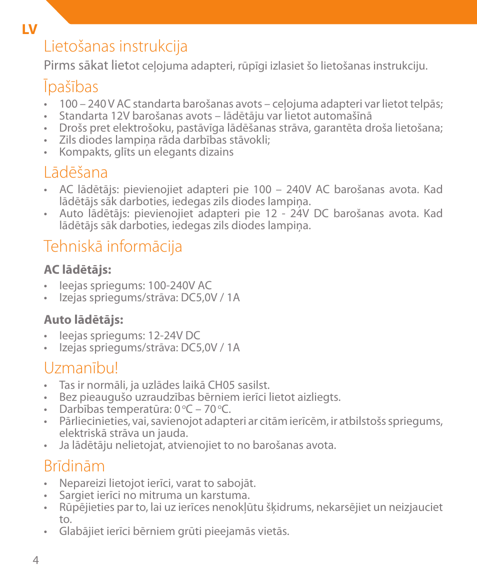 Lietošanas instrukcija, Īpašības, Lādēšana | Tehniskā informācija, Uzmanību, Brīdinām | Acme CH05 User Manual | Page 4 / 8