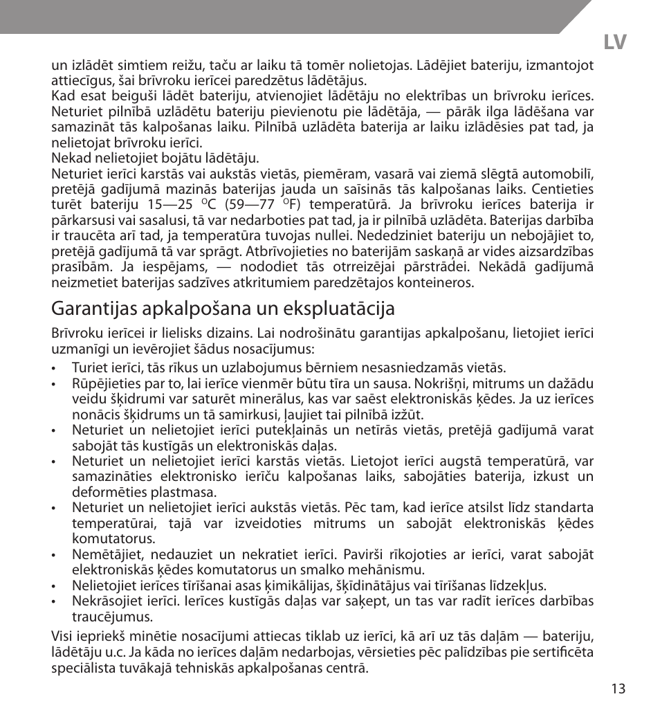Garantijas apkalpošana un ekspluatācija | Acme BH03 User Manual | Page 13 / 36