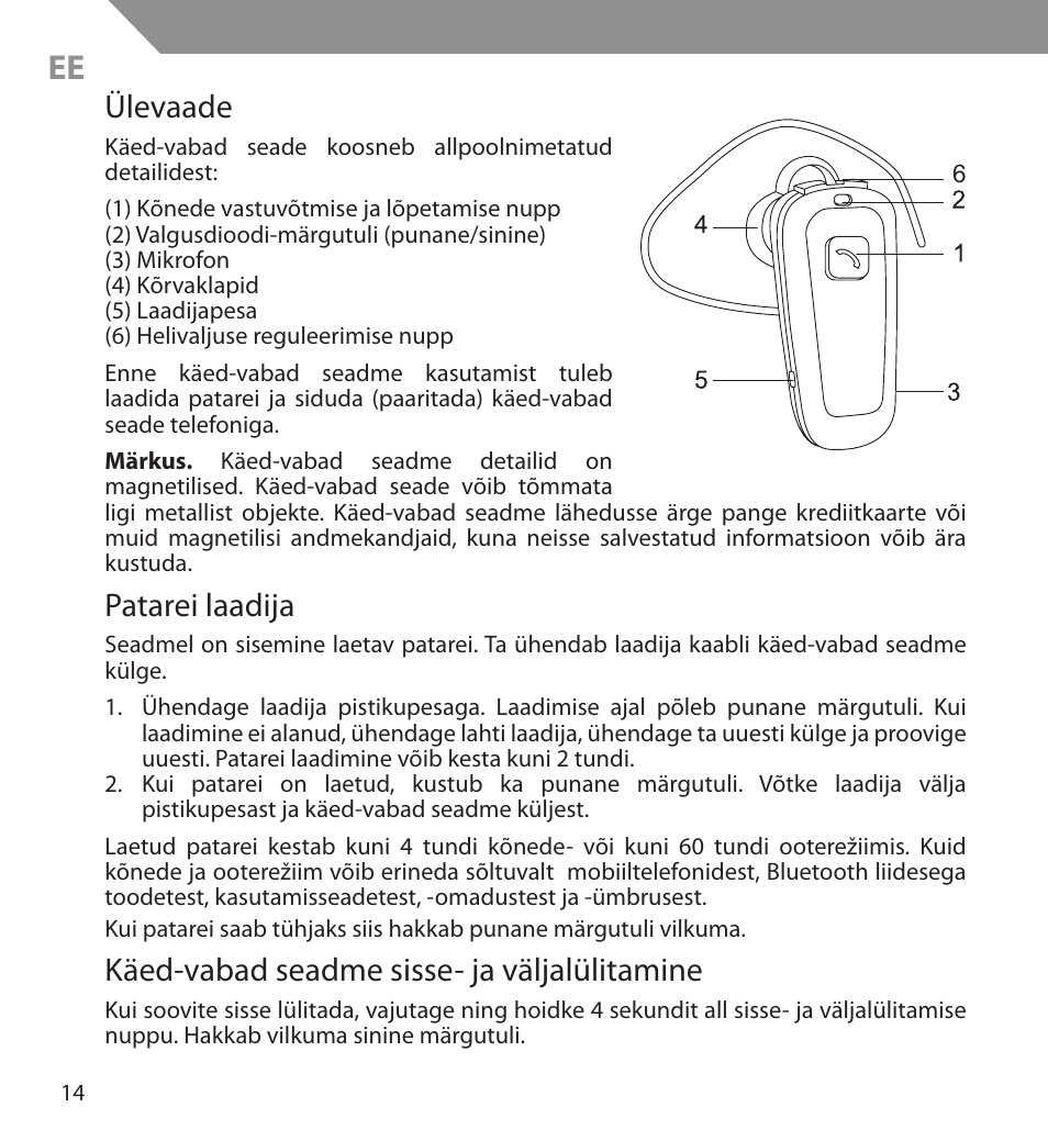 Ülevaade, Patarei laadija, Käed-vabad seadme sisse- ja väljalülitamine | Acme BH03 User Manual | Page 14 / 36