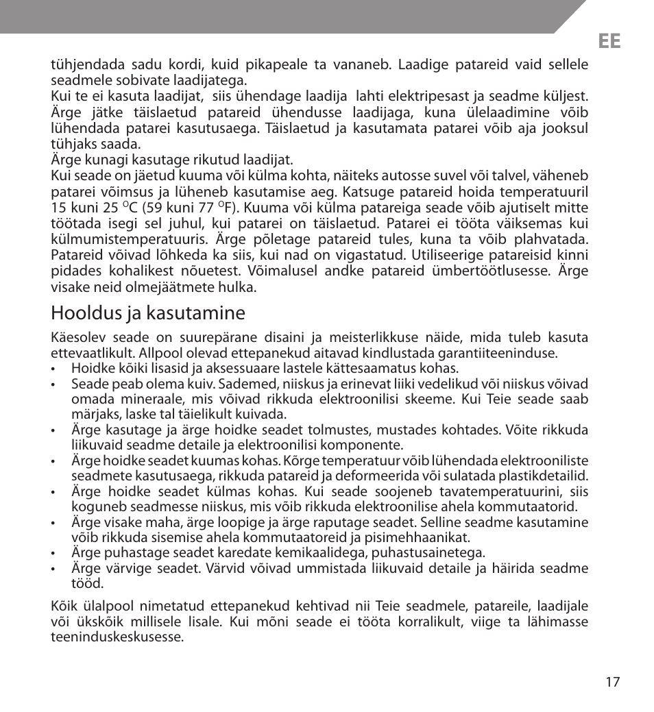 Hooldus ja kasutamine | Acme BH03 User Manual | Page 17 / 36