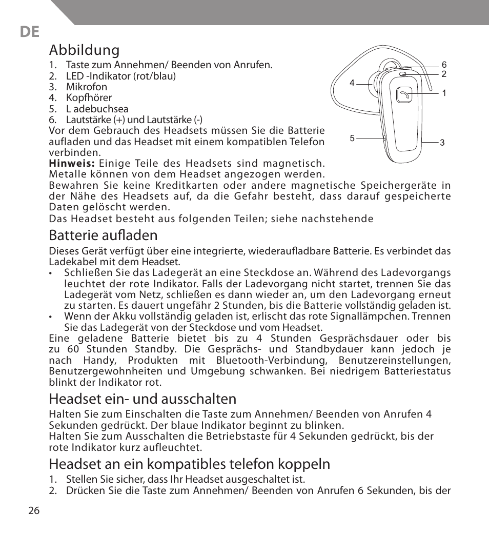 Abbildung, Batterie aufladen, Headset ein- und ausschalten | Headset an ein kompatibles telefon koppeln | Acme BH03 User Manual | Page 26 / 36