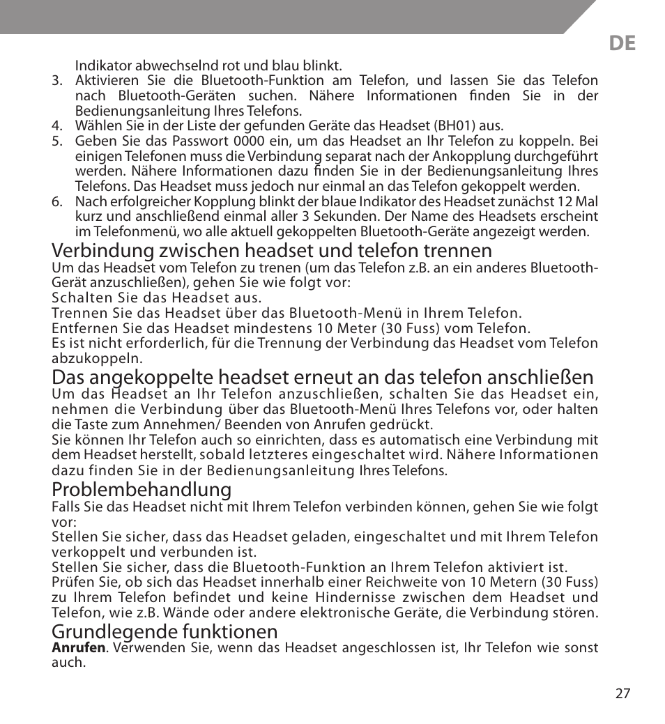 Verbindung zwischen headset und telefon trennen, Problembehandlung, Grundlegende funktionen | Acme BH03 User Manual | Page 27 / 36