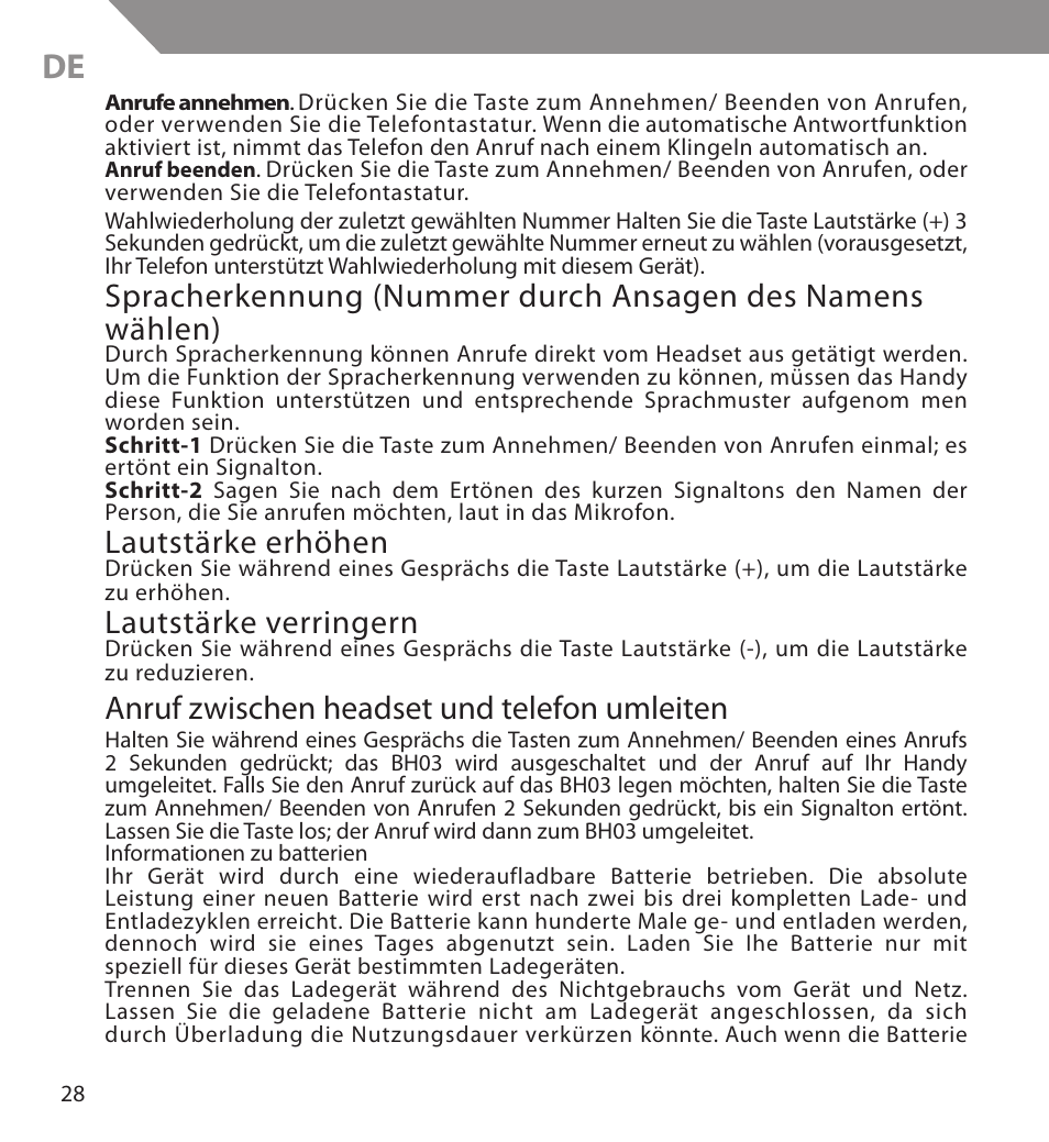 Lautstärke erhöhen, Lautstärke verringern, Anruf zwischen headset und telefon umleiten | Acme BH03 User Manual | Page 28 / 36