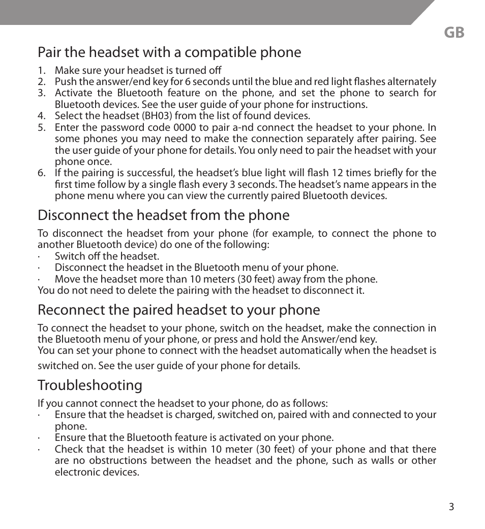 Pair the headset with a compatible phone, Disconnect the headset from the phone, Reconnect the paired headset to your phone | Troubleshooting | Acme BH03 User Manual | Page 3 / 36