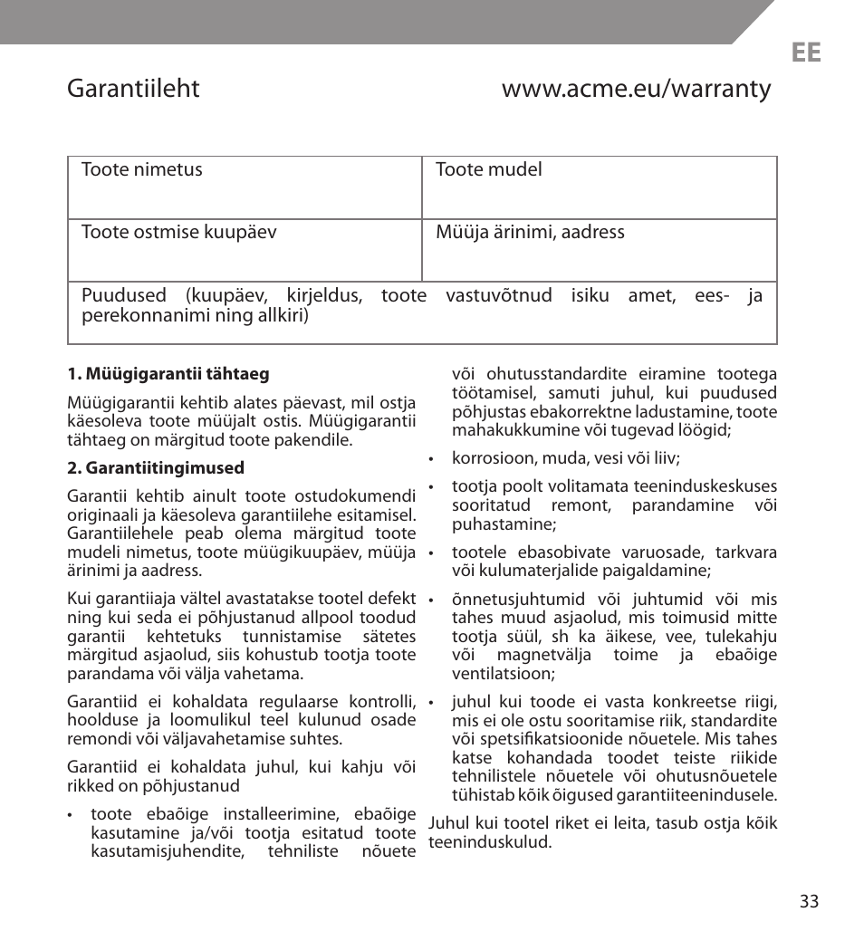 Acme BH03 User Manual | Page 33 / 36
