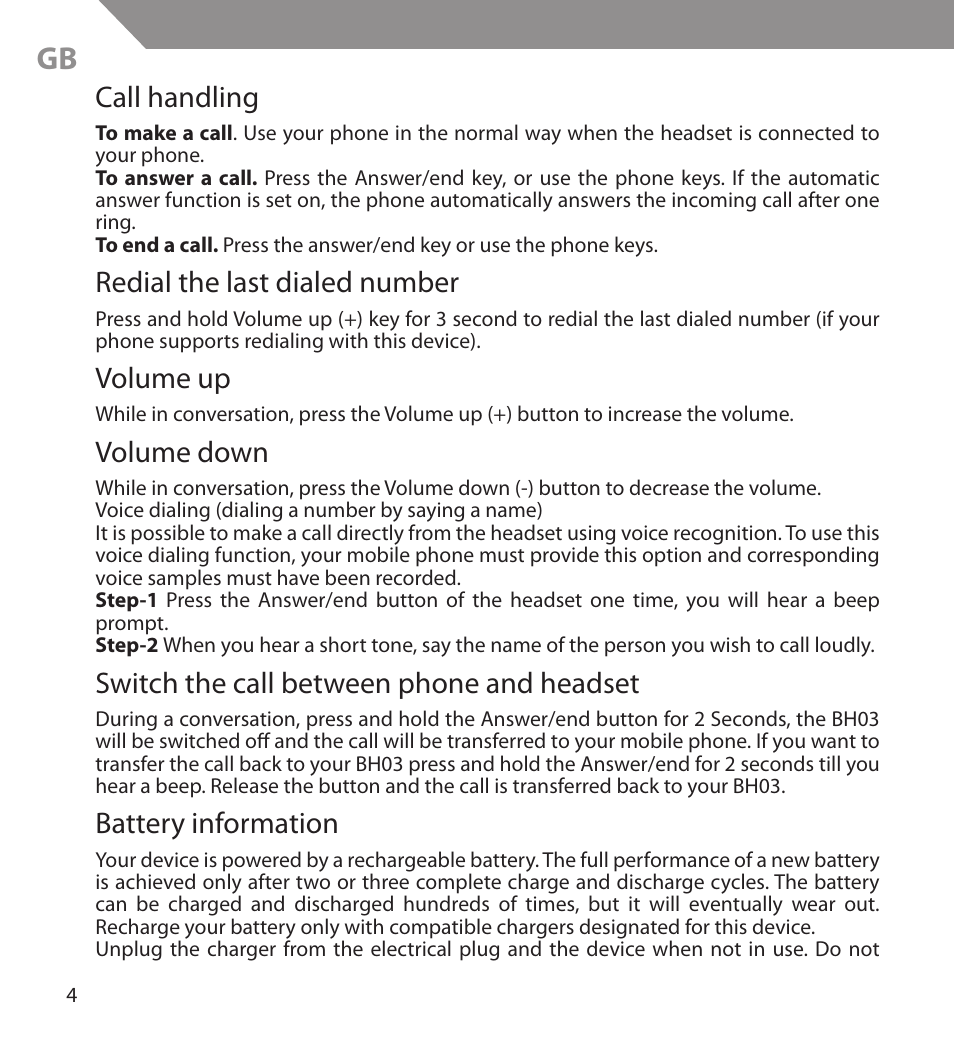 Call handling, Redial the last dialed number, Volume up | Volume down, Switch the call between phone and headset, Battery information | Acme BH03 User Manual | Page 4 / 36