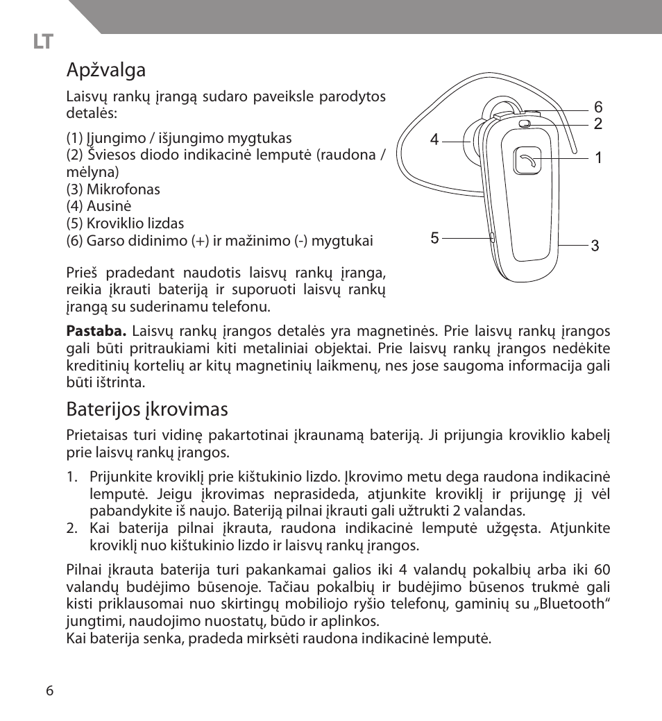 Apžvalga, Baterijos įkrovimas | Acme BH03 User Manual | Page 6 / 36