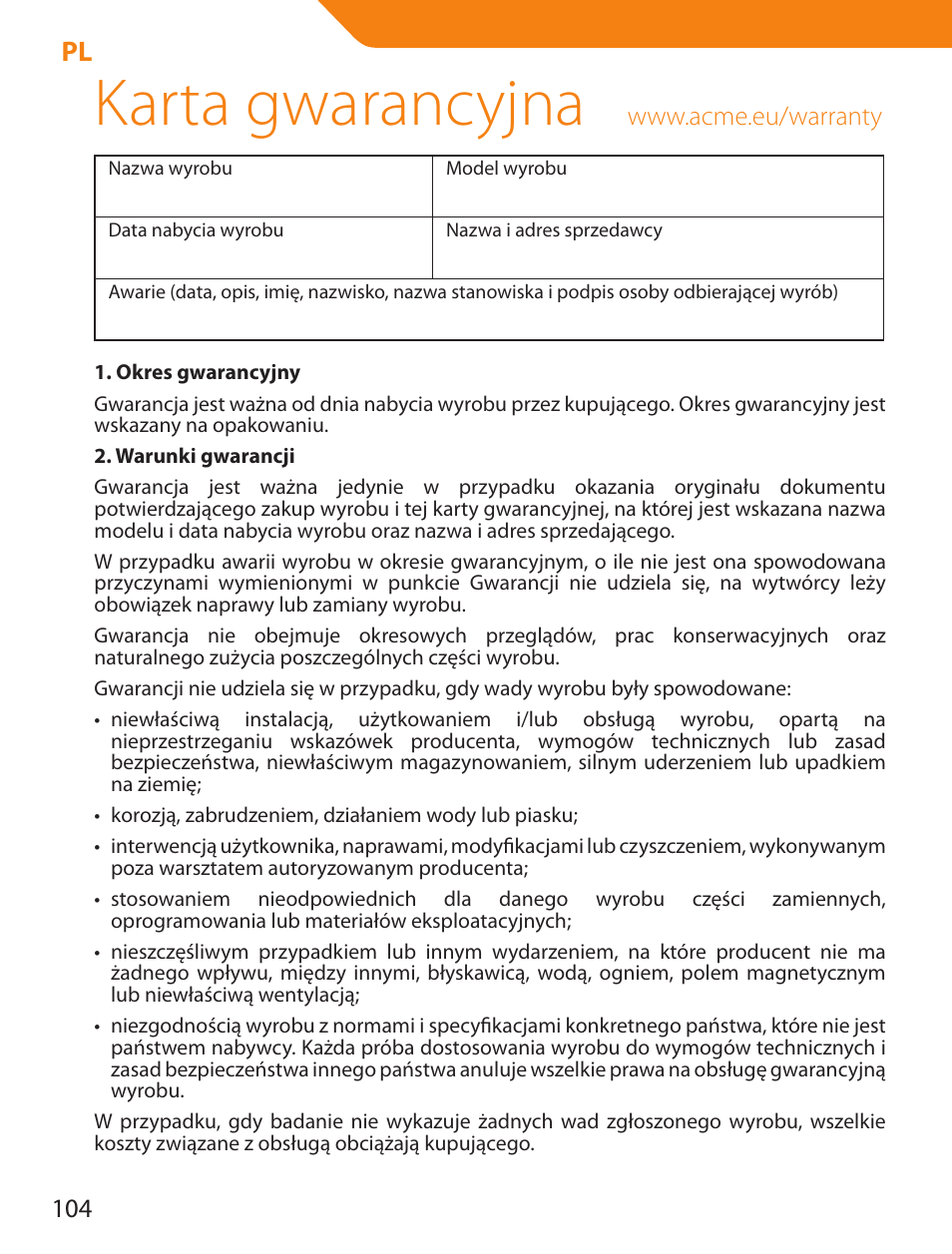 Karta gwarancyjna | Acme BTDG-30-BLK User Manual | Page 104 / 114