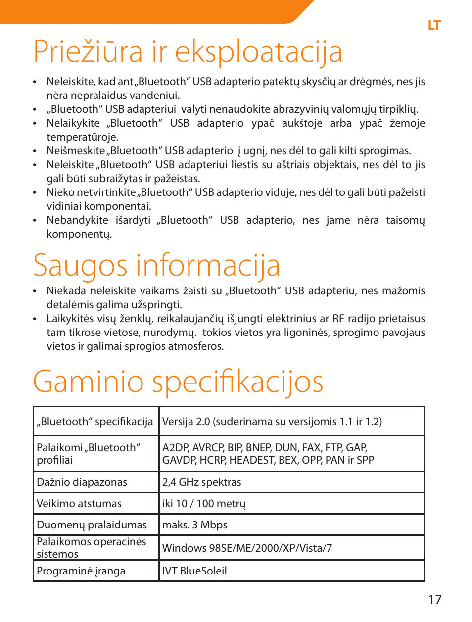 Priežiūra ir eksploatacija, Saugos informacija, Gaminio specifikacijos | Acme BTDG-30-BLK User Manual | Page 17 / 114