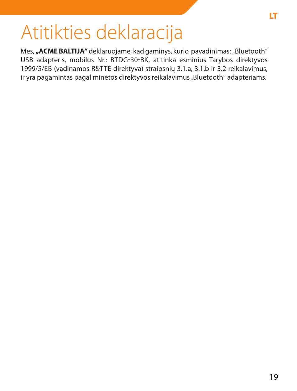 Atitikties deklaracija | Acme BTDG-30-BLK User Manual | Page 19 / 114