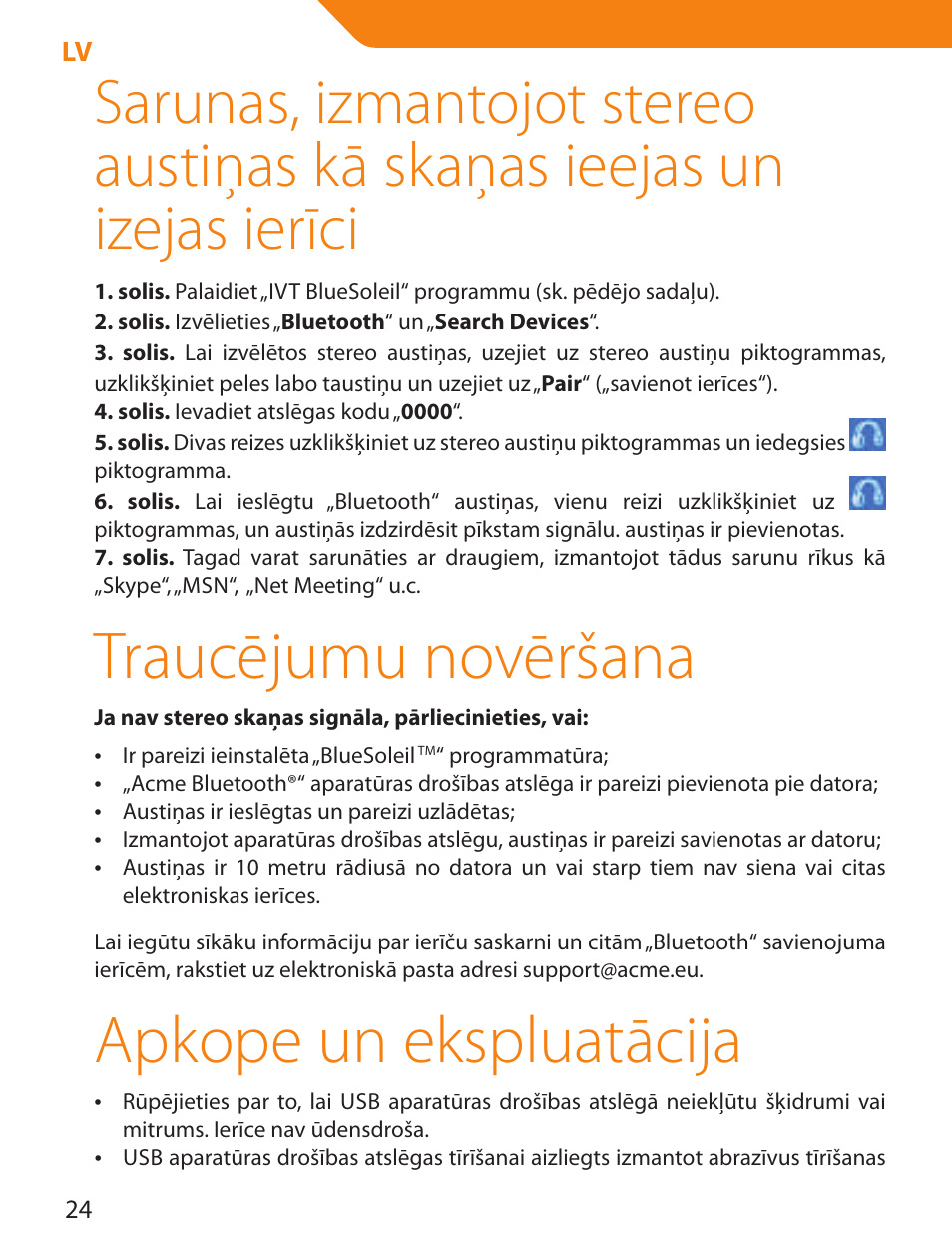 Traucējumu novēršana, Apkope un ekspluatācija | Acme BTDG-30-BLK User Manual | Page 24 / 114