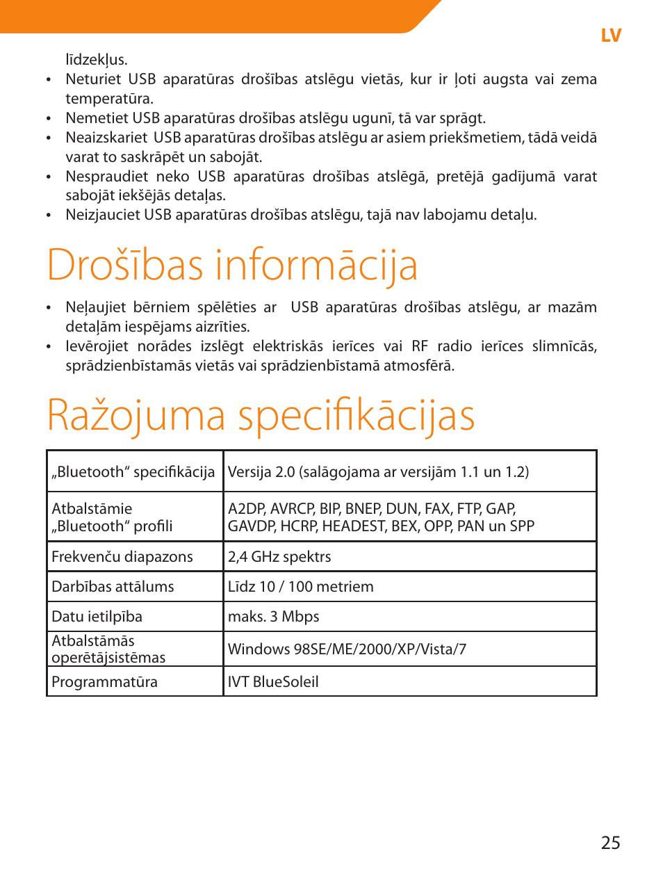 Drošības informācija, Ražojuma specifikācijas | Acme BTDG-30-BLK User Manual | Page 25 / 114