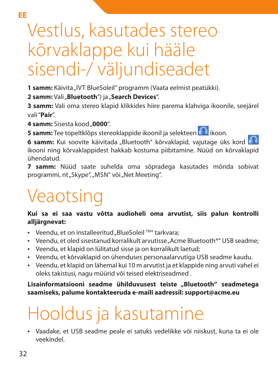 Veaotsing, Hooldus ja kasutamine | Acme BTDG-30-BLK User Manual | Page 32 / 114