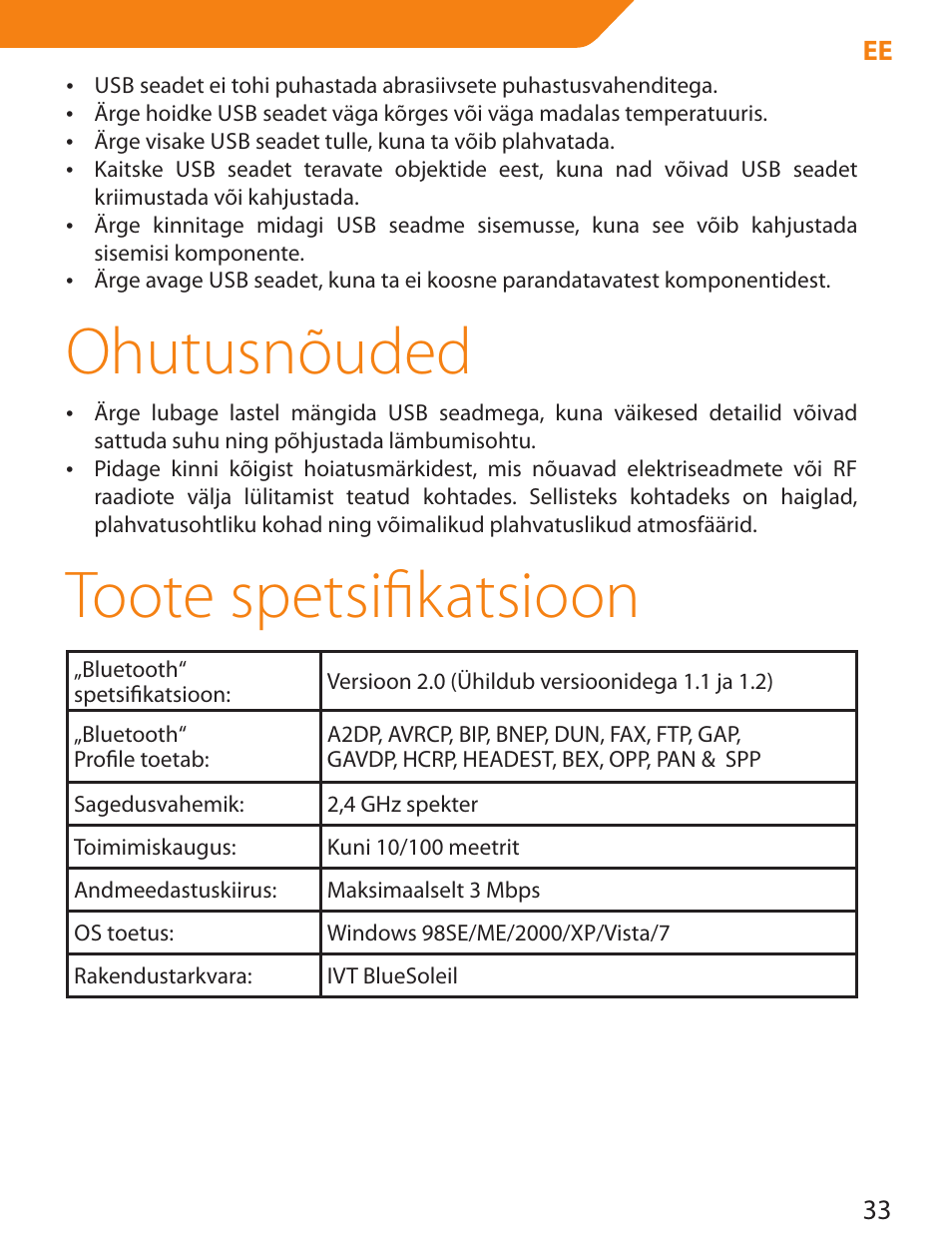 Ohutusnõuded, Toote spetsifikatsioon | Acme BTDG-30-BLK User Manual | Page 33 / 114