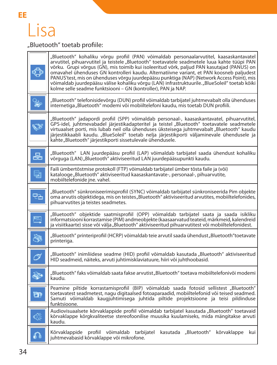 Lisa, Bluetooth“ toetab profiile | Acme BTDG-30-BLK User Manual | Page 34 / 114