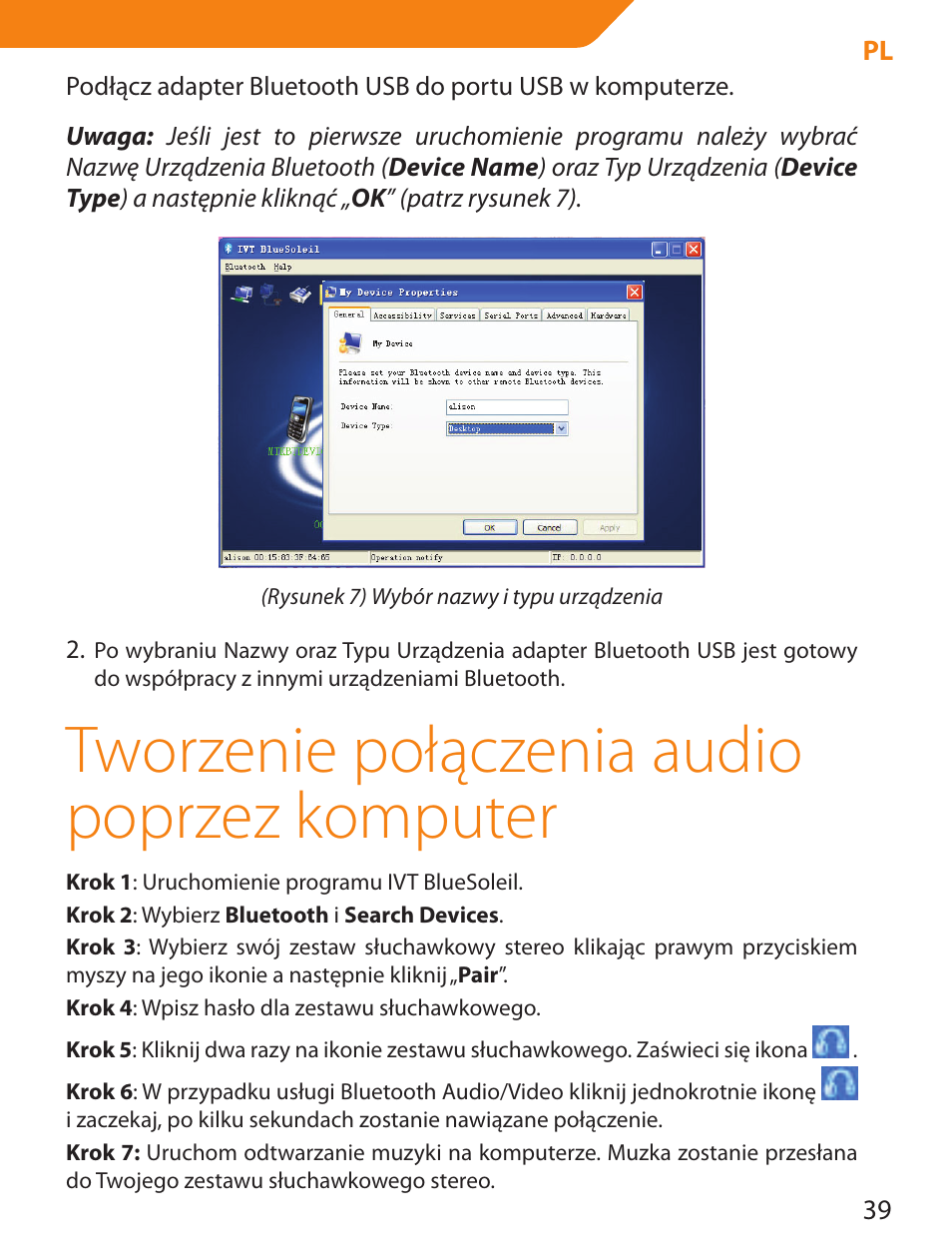 Tworzenie połączenia audio poprzez komputer | Acme BTDG-30-BLK User Manual | Page 39 / 114