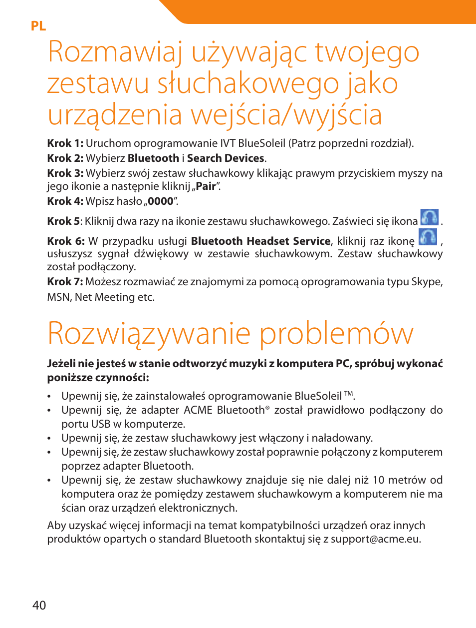 Rozwiązywanie problemów | Acme BTDG-30-BLK User Manual | Page 40 / 114