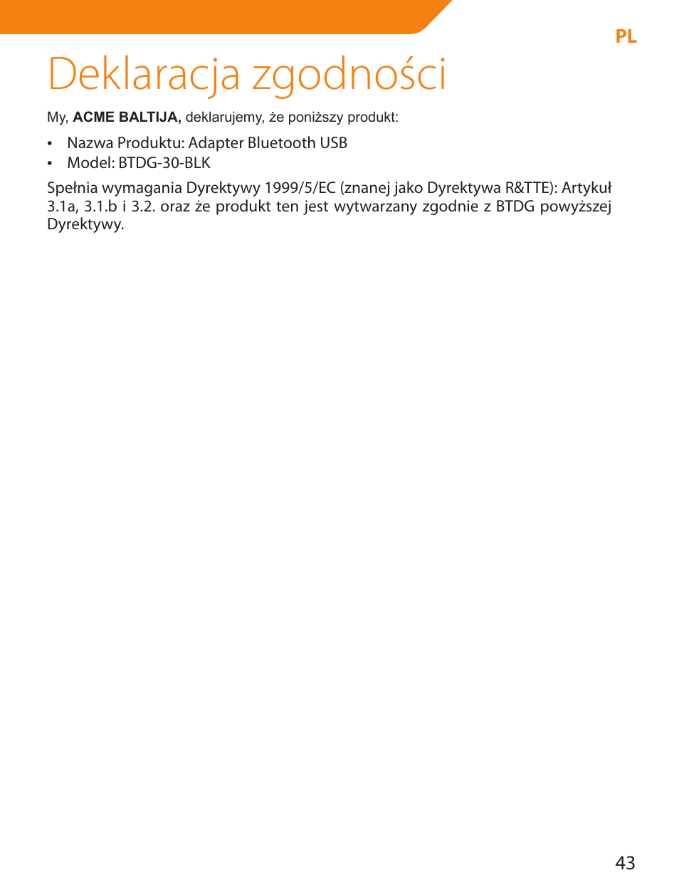 Deklaracja zgodności | Acme BTDG-30-BLK User Manual | Page 43 / 114