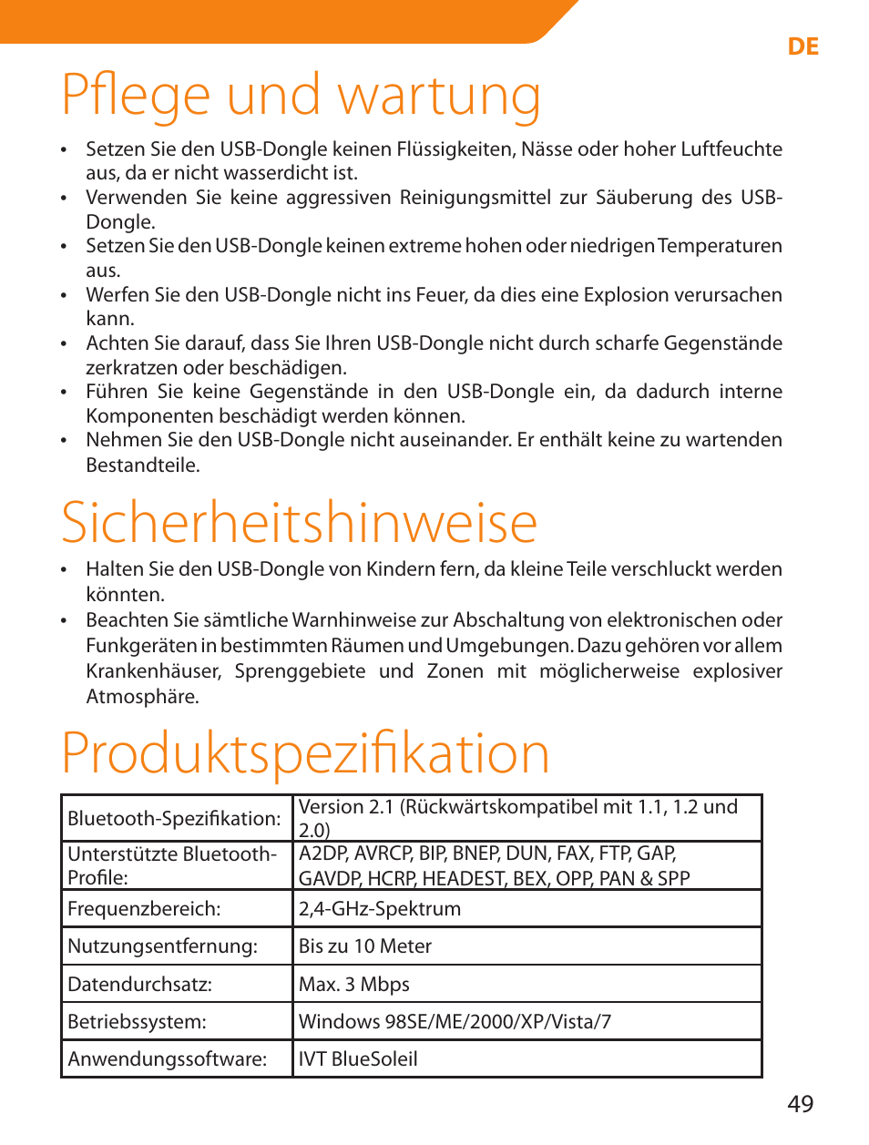 Pflege und wartung, Sicherheitshinweise, Produktspezifikation | Acme BTDG-30-BLK User Manual | Page 49 / 114