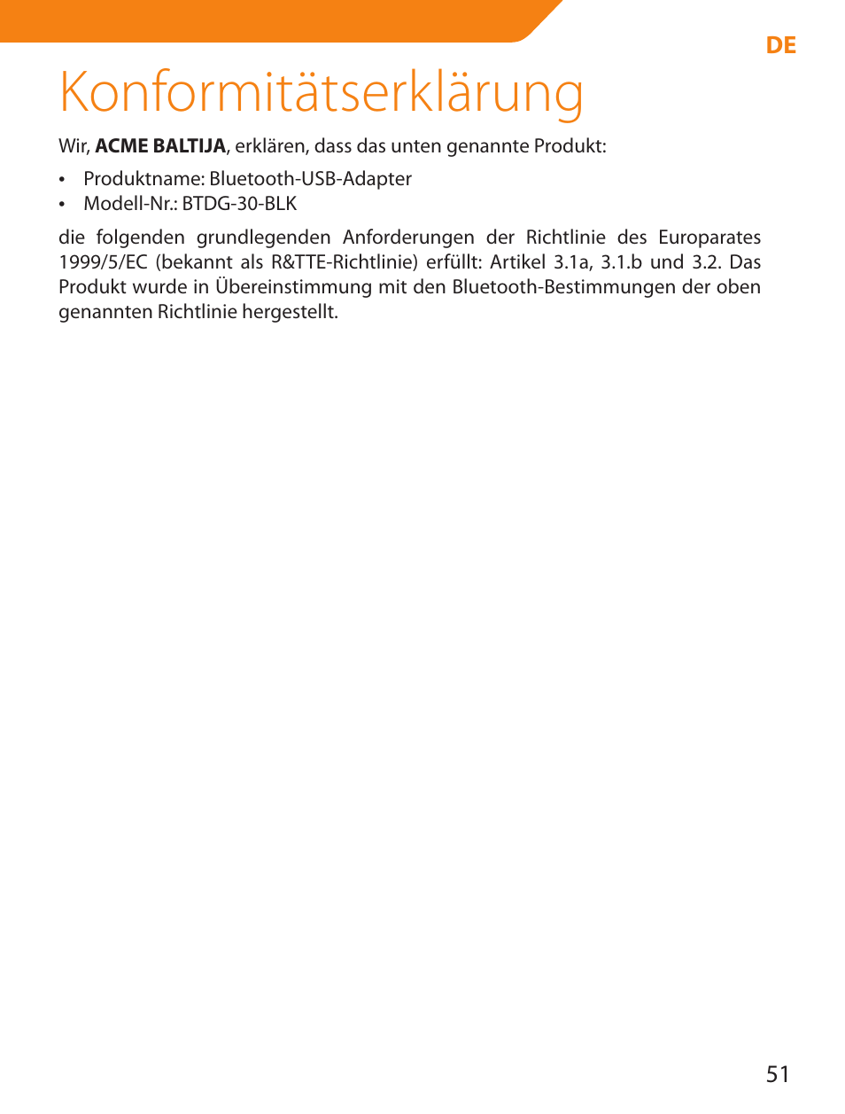 Konformitätserklärung | Acme BTDG-30-BLK User Manual | Page 51 / 114