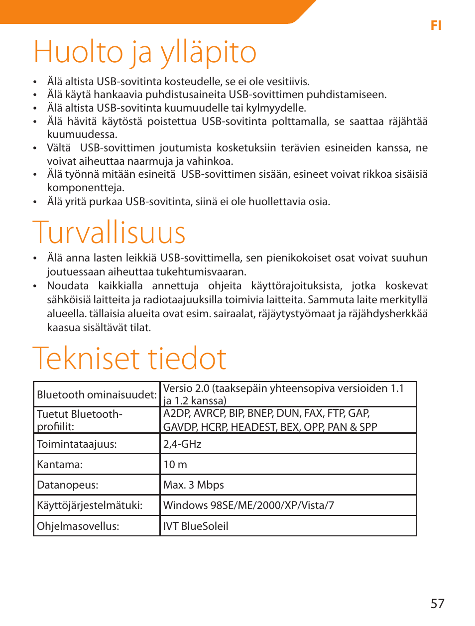 Huolto ja ylläpito, Turvallisuus, Tekniset tiedot | Acme BTDG-30-BLK User Manual | Page 57 / 114