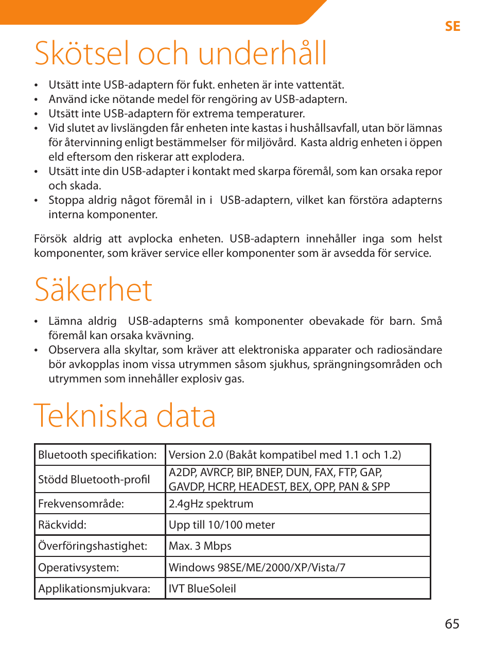 Skötsel och underhåll, Säkerhet, Tekniska data | Acme BTDG-30-BLK User Manual | Page 65 / 114