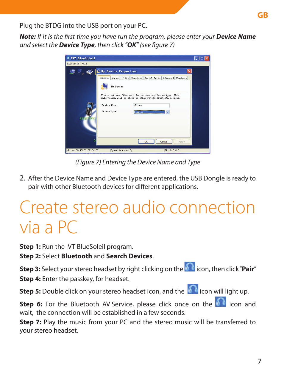 Create stereo audio connection via a pc | Acme BTDG-30-BLK User Manual | Page 7 / 114