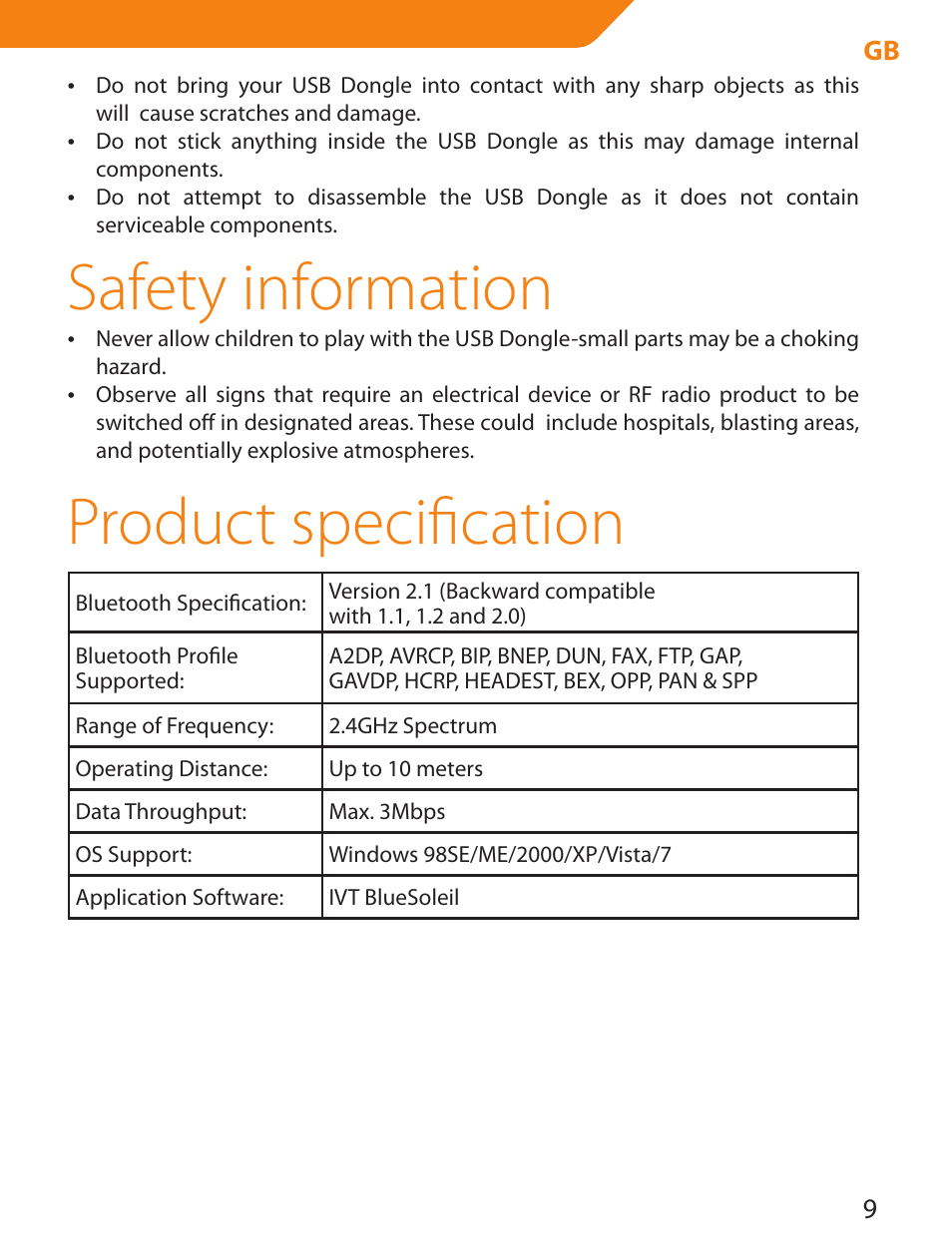 Safety information, Product specification | Acme BTDG-30-BLK User Manual | Page 9 / 114