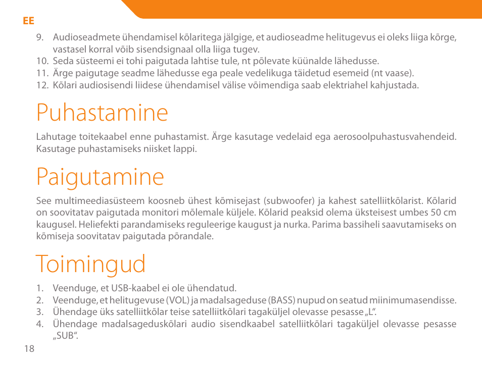 Puhastamine, Paigutamine, Toimingud | Acme SS206 User Manual | Page 18 / 70