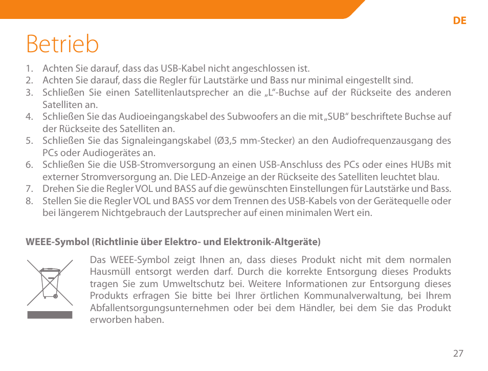 Betrieb | Acme SS206 User Manual | Page 27 / 70