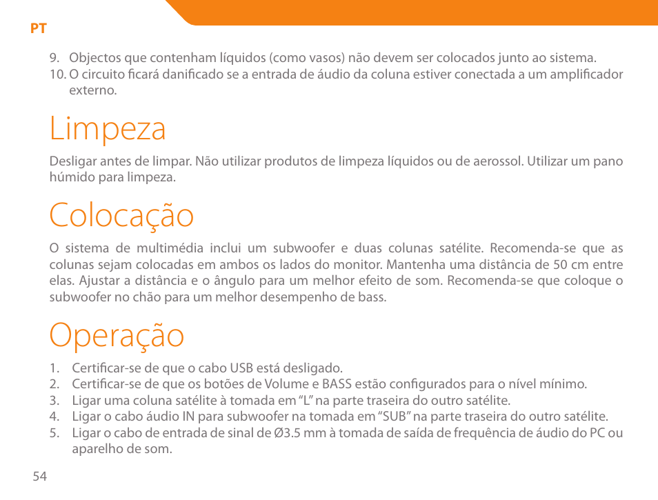 Limpeza, Colocação, Operação | Acme SS206 User Manual | Page 54 / 70