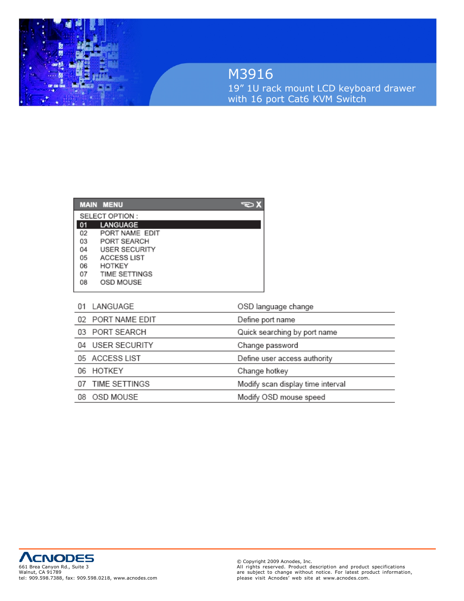 M3916, 10 main menu 22 | Acnodes M 3916 User Manual | Page 24 / 27