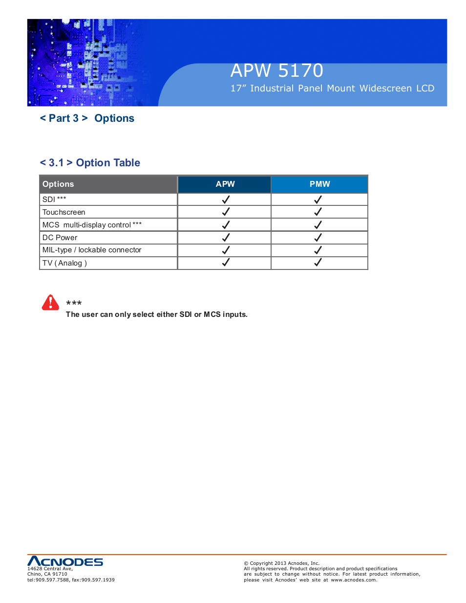 Apw 5170, Part 3 > options < 3.1 > option table | Acnodes APW 5170 User Manual | Page 15 / 22