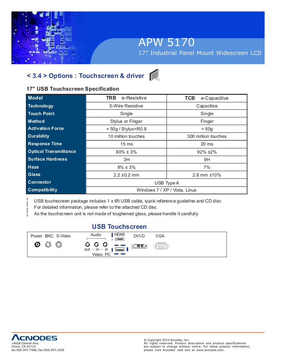 Apw 5170, 4 > options : touchscreen & driver, Usb touchscreen | Acnodes APW 5170 User Manual | Page 18 / 22