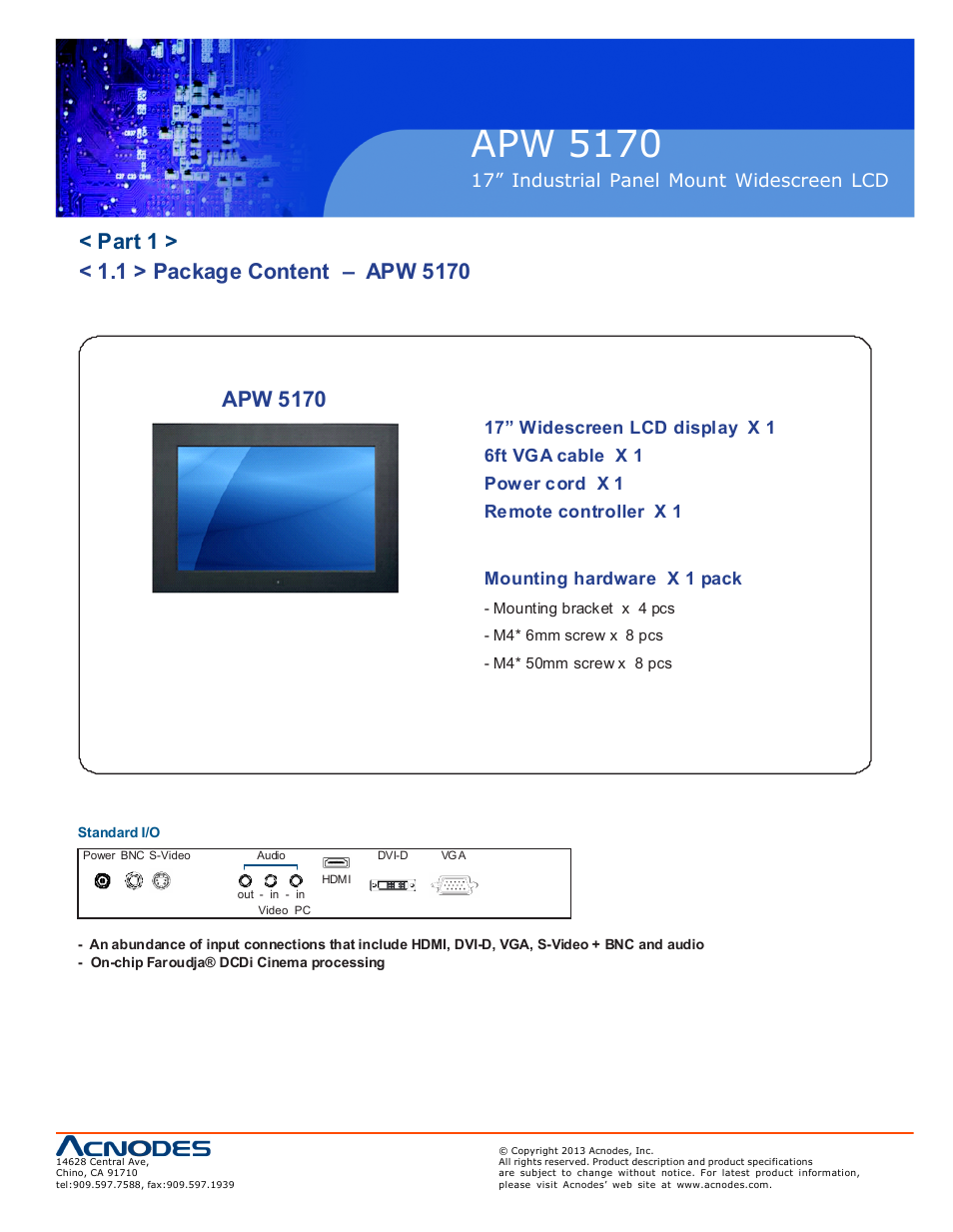 Apw 5170, 17” industrial panel mount widescreen lcd | Acnodes APW 5170 User Manual | Page 5 / 22