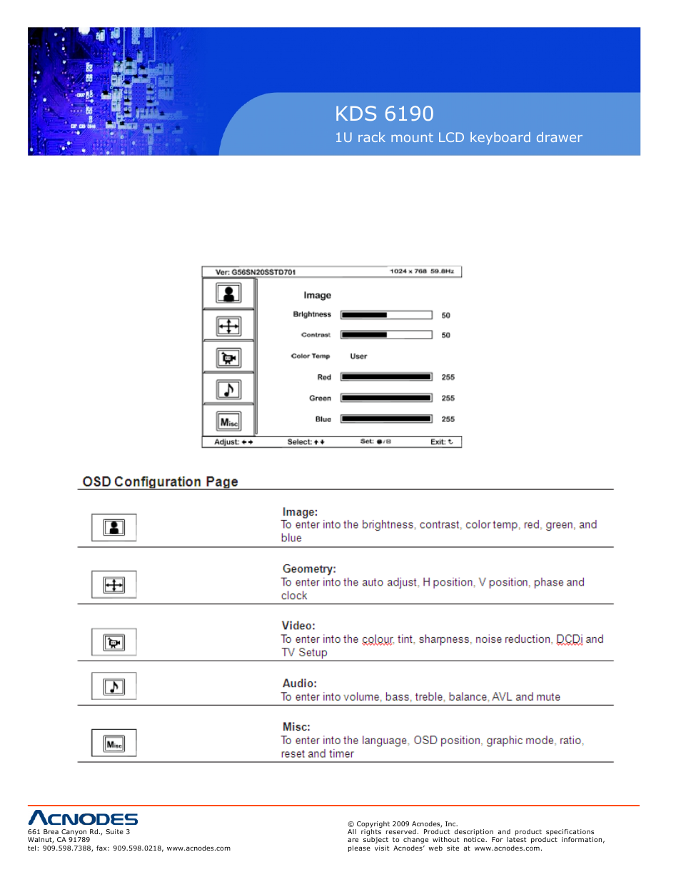 Kds 6190, 1u rack mount lcd keyboard drawer, 2 on screen menu 12 | Acnodes KDS 6190 User Manual | Page 14 / 18