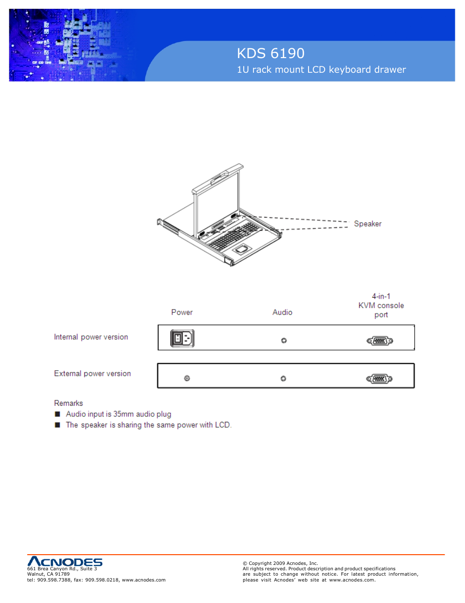 Kds 6190, Chapter 3, 1u rack mount lcd keyboard drawer 3.1 audio option | Acnodes KDS 6190 User Manual | Page 15 / 18