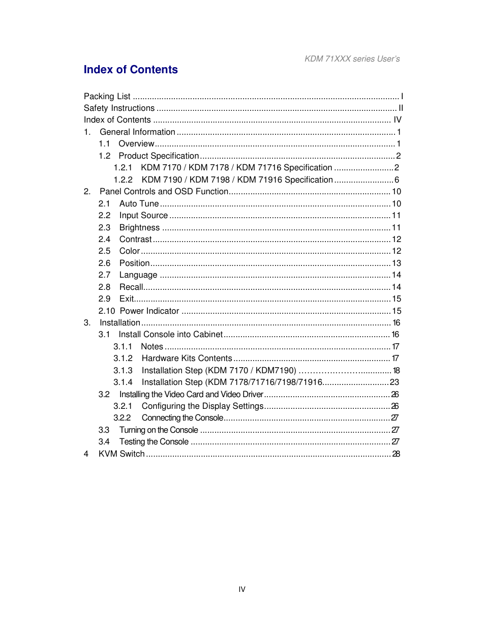 Index of contents | Acnodes KDM 7178 User Manual | Page 5 / 61