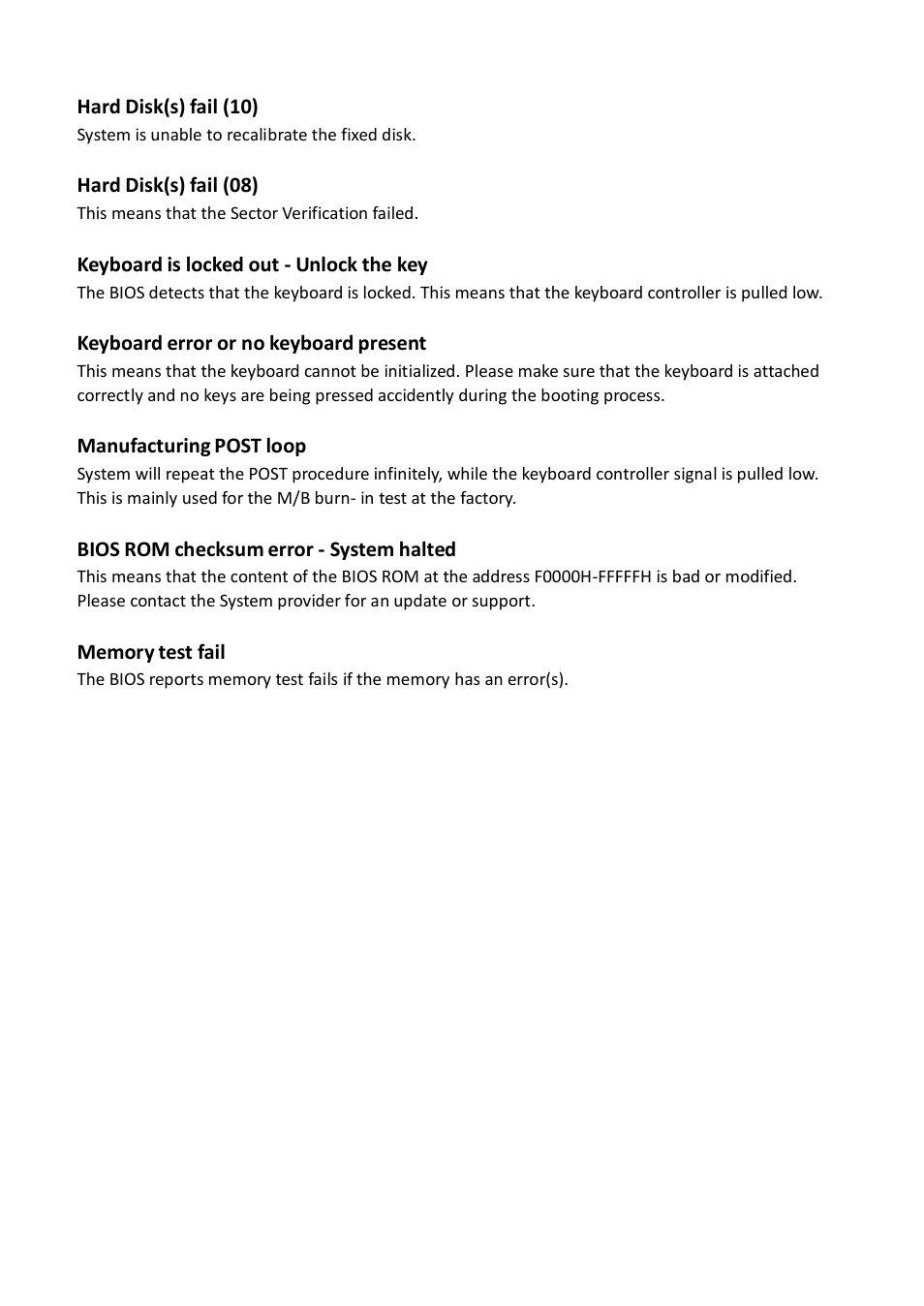 Hard disk(s) fail (10), Hard disk(s) fail (08), Keyboard is locked out - unlock the key | Keyboard error or no keyboard present, Manufacturing post loop, Bios rom checksum error - system halted | Acnodes FES 5313 User Manual | Page 114 / 117