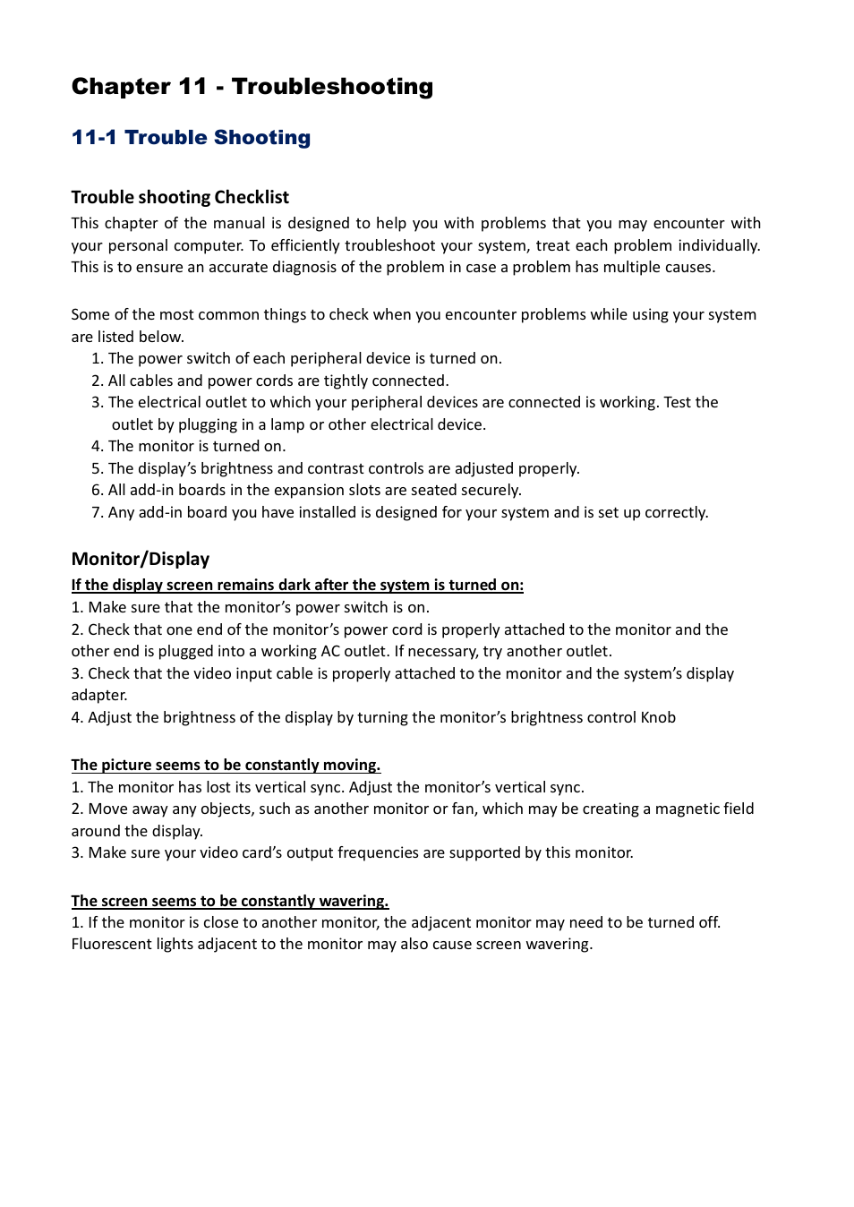 Chapter 11 - troubleshooting, 1 trouble shooting, Trouble shooting checklist | Monitor/display | Acnodes FES 5313 User Manual | Page 115 / 117