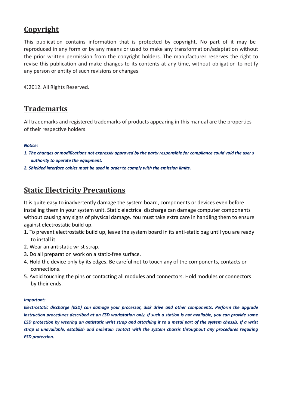 Copyright, Trademarks, Static electricity precautions | Acnodes FES 5313 User Manual | Page 2 / 117