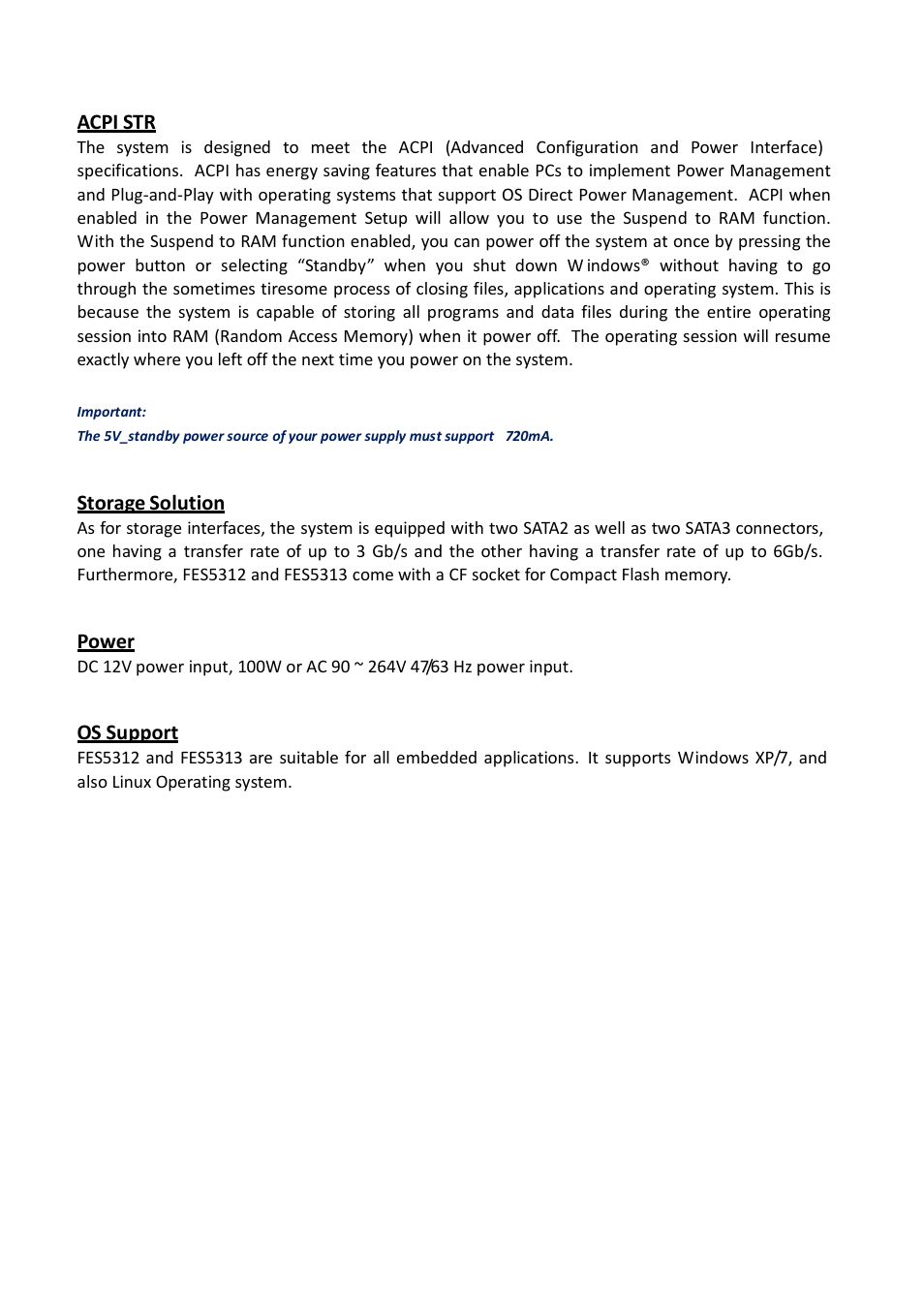 Acpi str, Storage solution, Power | Os support | Acnodes FES 5313 User Manual | Page 7 / 117