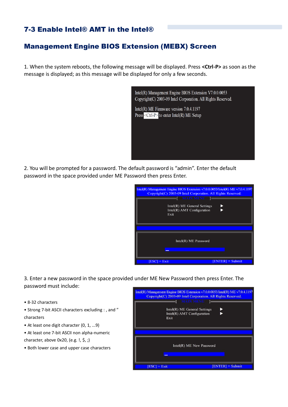 3 enable intelæ amt in the intelæ, Management engine bios extension (mebx) screen | Acnodes FES 5313 User Manual | Page 84 / 117