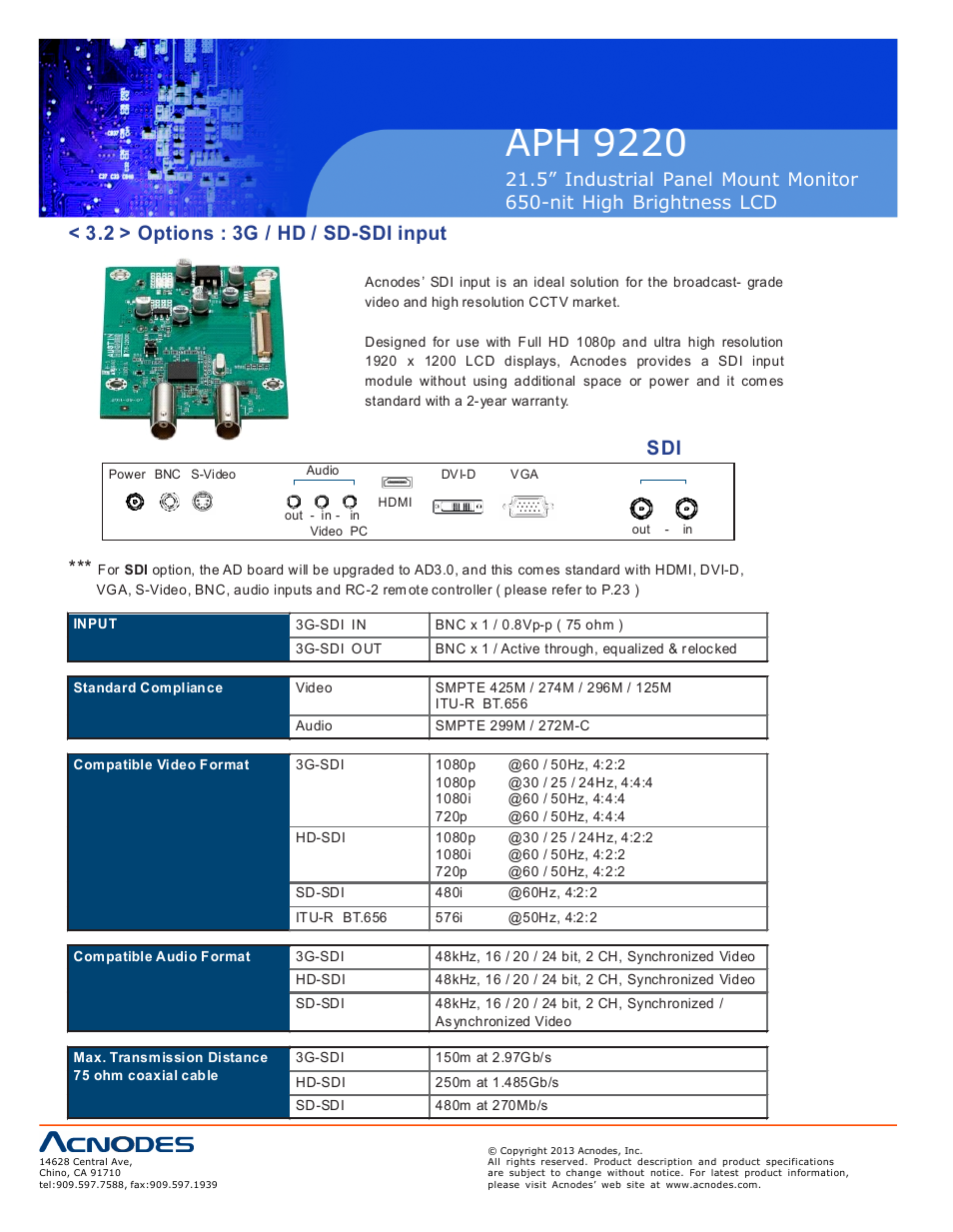 Aph 922 0, 2 > options : 3g / hd / sd-sdi input, S di | Acnodes APH 9220 User Manual | Page 14 / 24