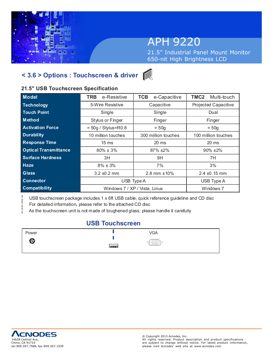 Aph 922 0, 6 > options : touchscreen & driver, Usb touchscreen | Acnodes APH 9220 User Manual | Page 18 / 24