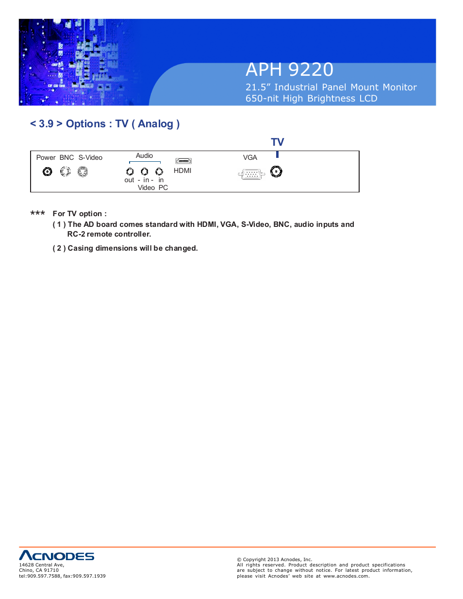 Aph 922 0, 9 > options : tv ( analog ) tv | Acnodes APH 9220 User Manual | Page 22 / 24