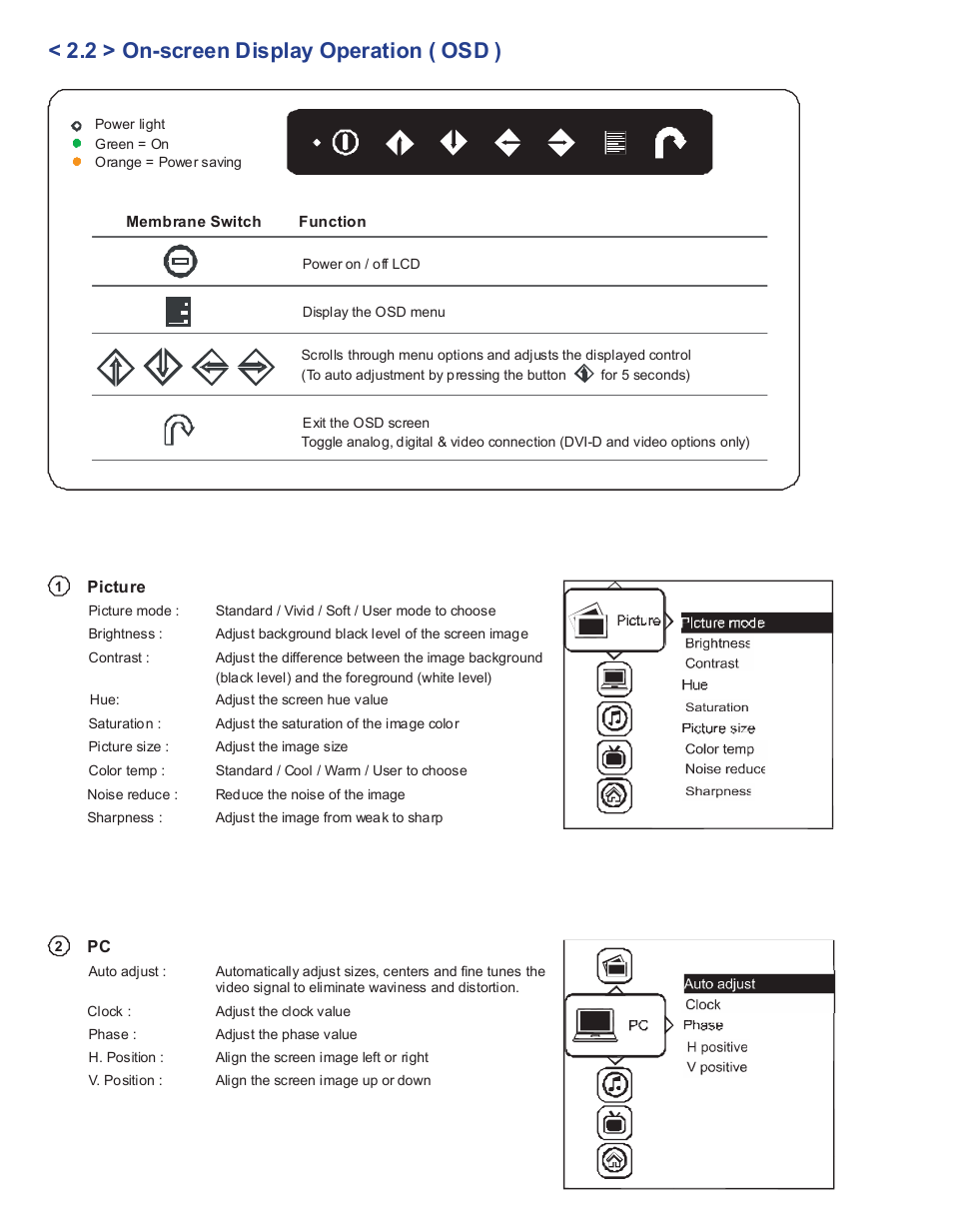2 > on-screen display operation ( osd ) | Acnodes APW 5240 User Manual | Page 12 / 20