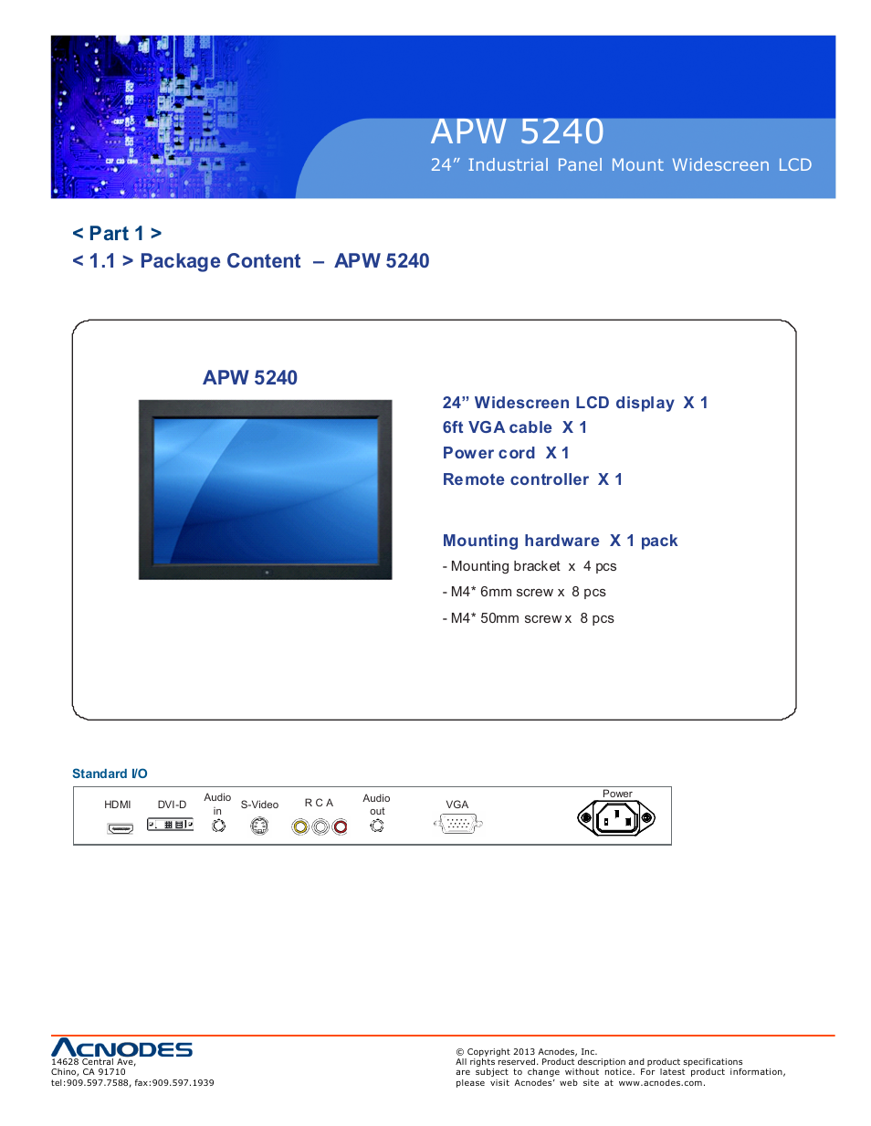 Apw 5240, 24” industrial panel mount widescreen lcd | Acnodes APW 5240 User Manual | Page 5 / 20