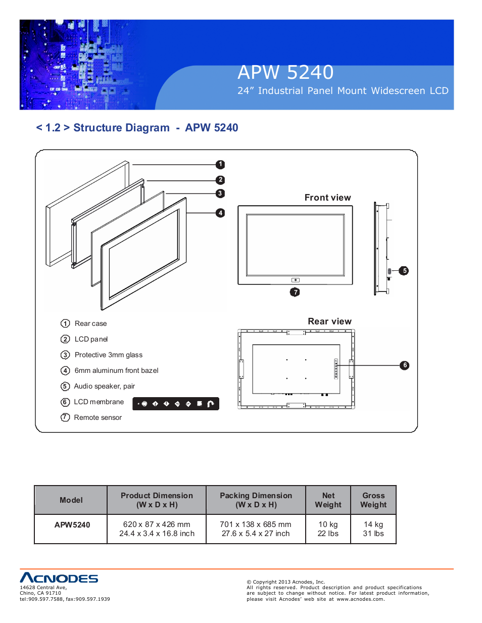Apw 5240, Ap-x24 nap-x24, 24” industrial panel mount widescreen lcd | Front view, Rear view | Acnodes APW 5240 User Manual | Page 6 / 20