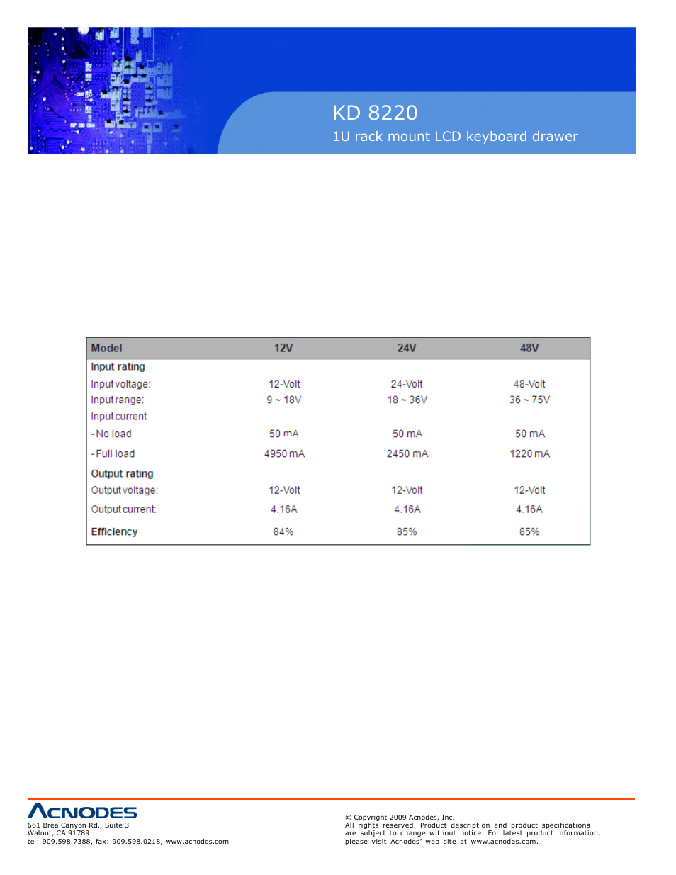 Kd 8220, 1u rack mount lcd keyboard drawer, 2 dc power options 14 | Acnodes KD 8220 User Manual | Page 16 / 17